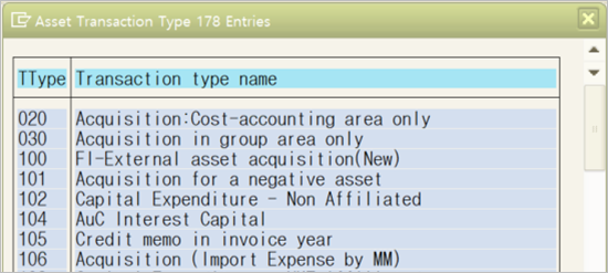 Asset Transaction type별 AR02의 Column 구분