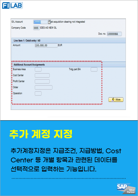 추가계정지정은 계정번호, 금액, Posting key 외에 지급조건, 지급방법, Cost Center 등 개별항목과 관련된 데이터를 선택적으로 입력하는 기능입니다.