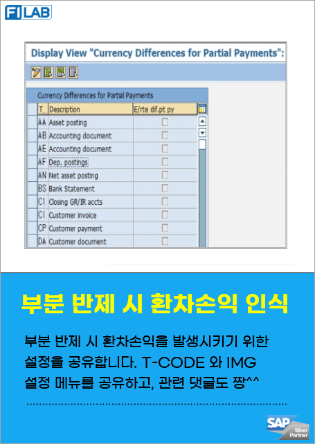 부분 반제 시 환차손익을 발생시키기 위한 설정을 공유합니다. T-CODE 와 IMG 설정 메뉴에 대해 공유하며, 댓글 의견도 좋습니다.^^