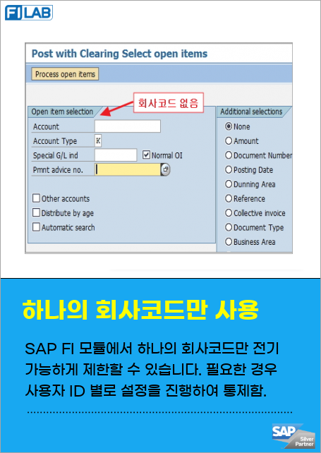 SAP FI 모듈에서 하나의 회사코드만 전기 가능하게 제한할 수 있습니다. 필요한 경우 사용자 ID 별로 설정을 진행하여 다른 회사에 전기처리가 안되도록 사전에 통제합시다