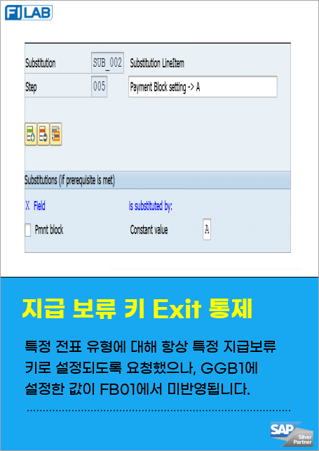 A/R 담당자는 문서 유형 'KR' 및 'KA'에 대해 항상 Pmnt block이 'A'로 설정되도록 요청했으나, GGB1에서 설정한 값이 FB01에서 반영되지 않아 문제를 겪고 있다.