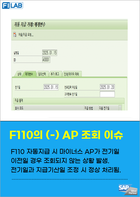 F110 자동지급시 마이너스 AP가 전기일 이전일 경우 조회되지 않는 오류 발생. 전기일과 지급기산일 조정 시 정상 처리됨. 전기일이 중요한 이유는 회계적 유효성 검증 위함. 관련 설정은 OBB8, OBB9 확인 필요.